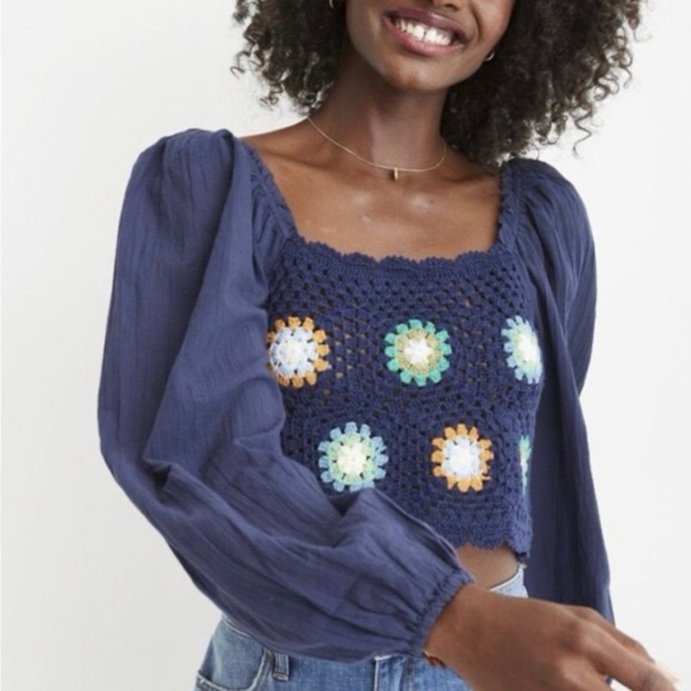 AERIE Crochet Granny Square Coastal Crop Top Gauze Balloon Sleeve